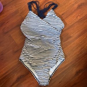 Women’s White/Navy Striped Swimsuit - Size L